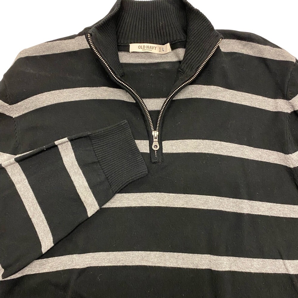 Old Navy Mens Black Gray Striped Quarter Zip‎ Pullover Sweater Size L Large